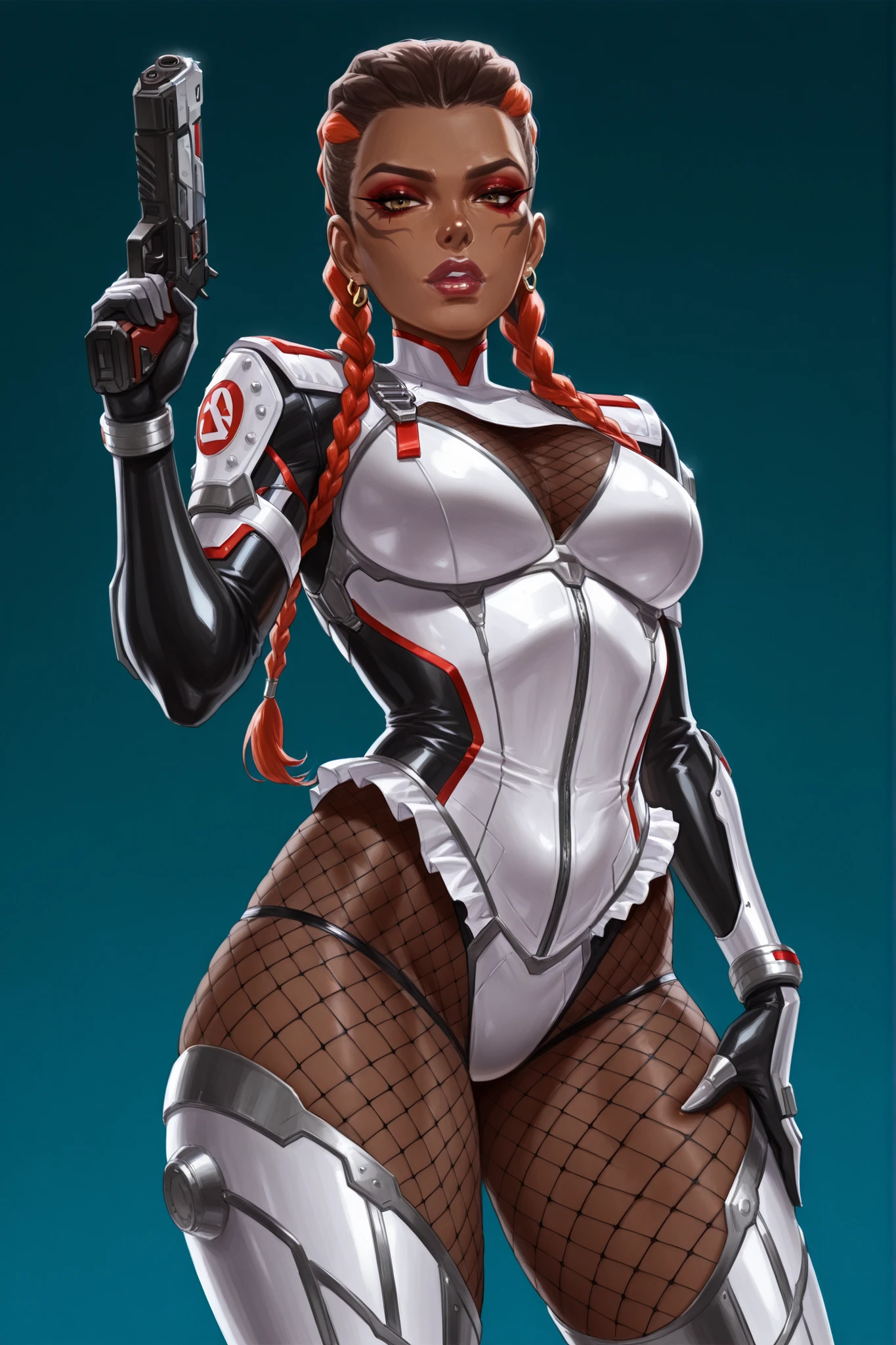 master piece, high quality, 4k uhd,hires,solo, dark skin, dark_red lips, (skin_bulging_through_fishnets:1.4), Loba_Andrade from apex legends, dark_brown and red two tone hair hair, light_brown eyes, red eye liner, red makeup, realistic_waist,long braids behind, huge very thick thighs, mesh taimanin bodysuit, , armored bodysuit, White_armor, detailed_bulging_thighs, handgun, hand squeezing thigh,
