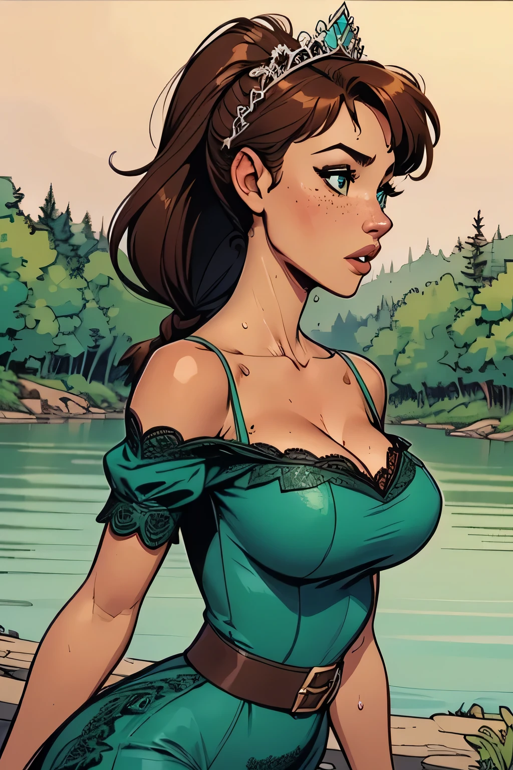 ( Absurdo, hd , Ultra detailed, be careful with your hand ) Close-up view of a thin and athletic woman, 25 anos, 8k (( high definition )), sighing look, look seductive, green eyes, wearing a high waist teal green long dress (( with lacy V-necklines, tiara, puffy short sleeves )), thin waist, arms at the sides of the body, pele morena, brown hair (( longo, with fringes and with braided ponytail )), She is out in the woods (( upper body, side view )), with freckles on the neck and breasts , ((medium breasts, sweaty and round, suaves )), (( Well defined collarbone)). Marvel style (( hq )), dense forest and river in the background.