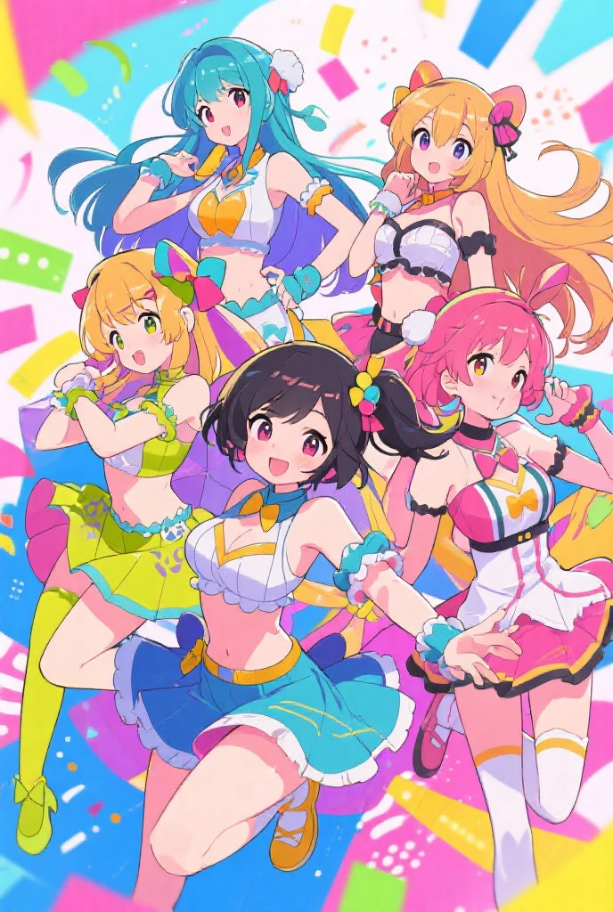 The character in the image has various distinctive features. She has short, wavy lavender hair with an orange and green flower ornament and a star-shaped clip. Her eyes are bright green, and she has a cheerful expression. She is making a "V" sign with her fingers and wears a swimsuit with white and purple elements, blue bows, and frilly edges. Accessories include a bangle on her left wrist. There is also a plaster or bandage on her left thigh. The color palette creates a harmonious look, giving off a fun and playful summer vibe.