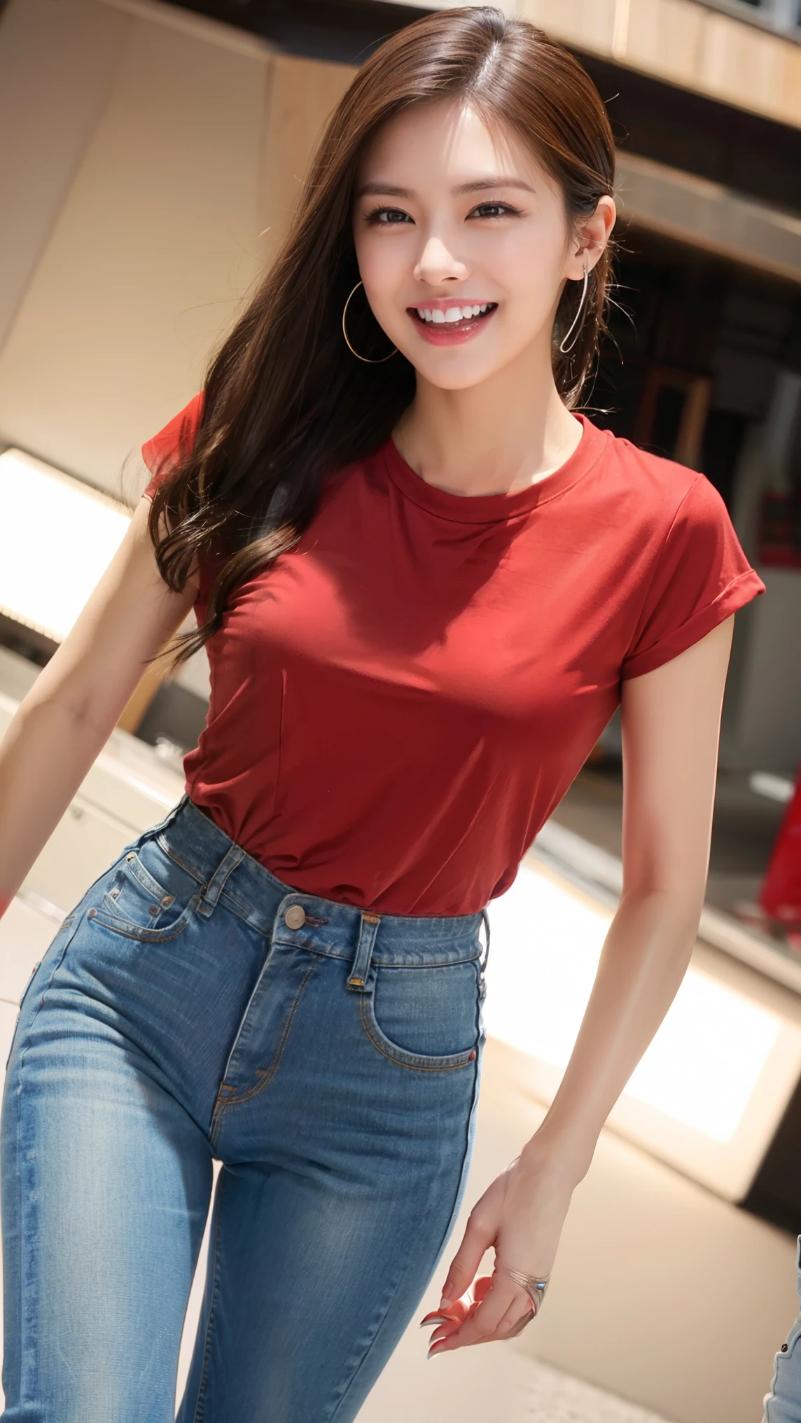 Draw lips correctly, red lipstick, from chest up, best quality, Super detailed, lifelike, Super fine skin, perfect anatomy, (1 日本Mature的女人), (alone),Wear a red crew neck shirt,short sleeves,blue jeans,black belt,wavy long hair,37-year-old female,Mature,charming smile,indoor background:Luxurious large sofa、flower,stand,Leg length,Chubby,Big breasts,stand up,full-body shot
