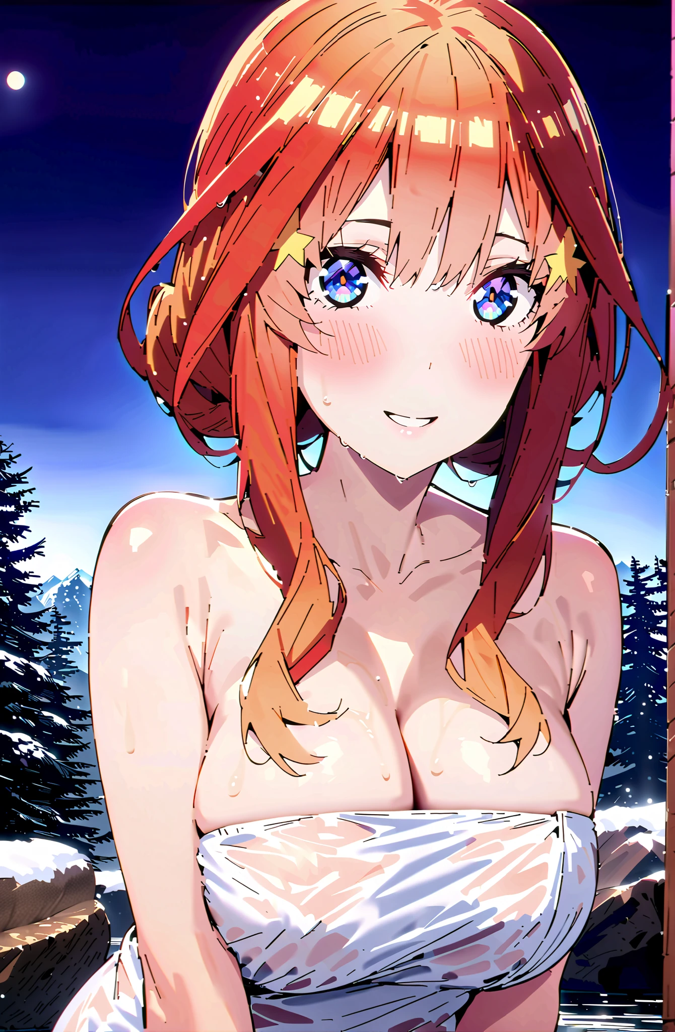genshin_impact fungi_(genshin_impact) nilou_(genshin_impact) absurdres chinese_commentary commentary_request highres 1girl alternate_costume alternate_hairstyle arm_up ass blunt_bangs blurry breasts completely_nude depth_of_field fake_horns fireflies from_behind green_eyes hair_down head_tilt headpiece horns long_hair looking_at_viewer looking_back night night_sky nipples nude onsen red_hair sidelocks sky sleeveless smile snake star_(sky) starry_sky steam tree wet_towel