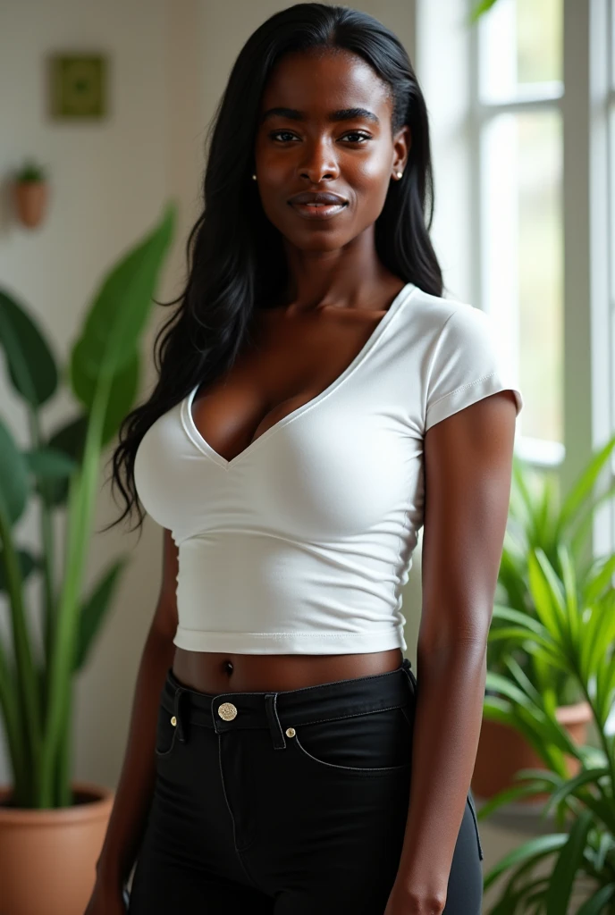Young black girl, Wearing a white tank top with a large neckline and jeans, Sentada em um banco, ebony skin, corpo fitness, bela garota,  Slim body, tall girl , sfw Gigantic curly hair, Sfw seios gigantescos:1.5, face delicada,  long hair, ebano skin, caminhando, muscle body definition, giant breasts,