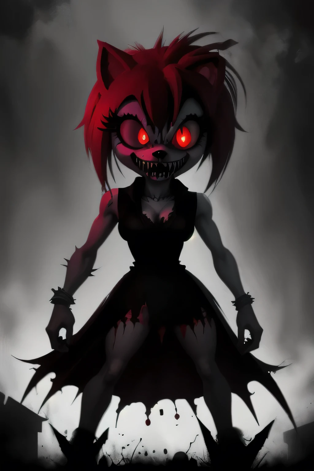 A hauntingly beautiful rendition of Amy Rose in the style of Sonic.exe, with a twisted smile, blood-red eyes, and jagged teeth. The artwork should capture her eerie presence, surrounded by a distorted and nightmarish landscape. The colors should be desaturated, with hints of dark red and black. The lighting should be dim, casting eerie shadows that enhance the sinister atmosphere. The artwork should be highly detailed, showcasing the dark side of Amy Rose's character