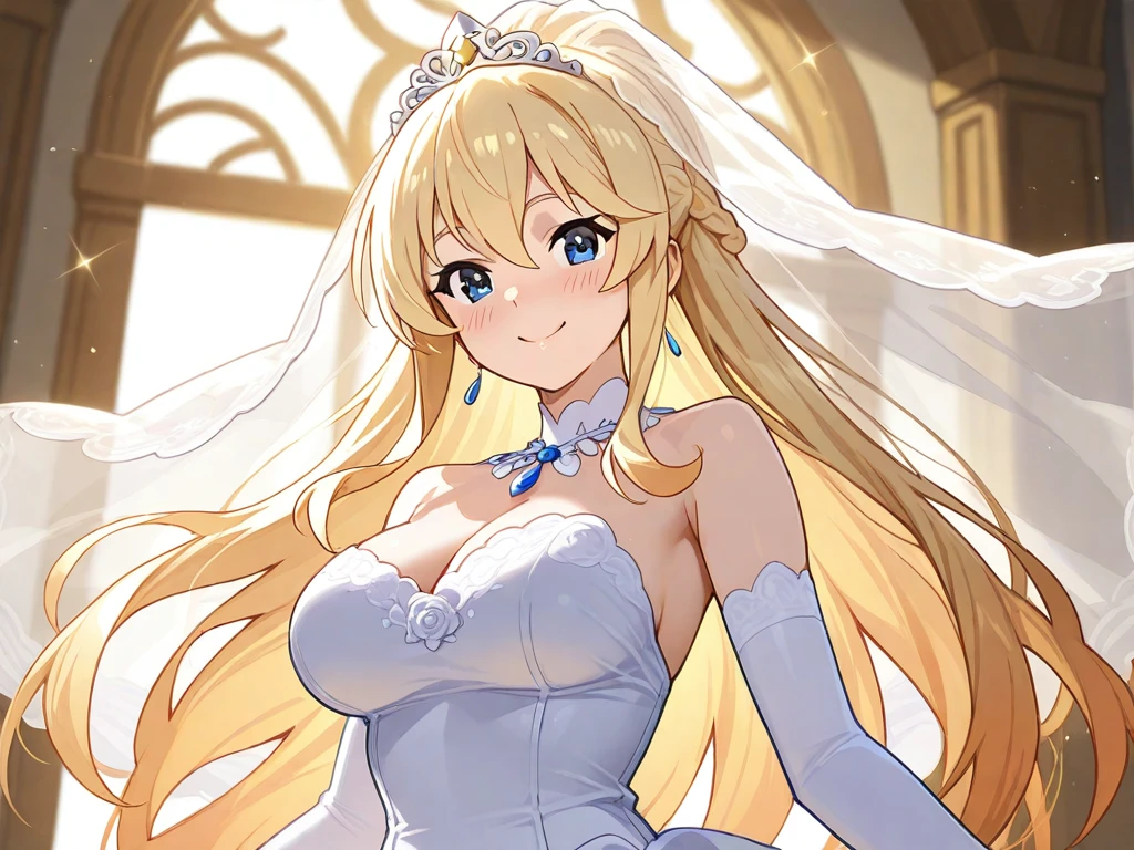 warspite \(kancolle\),((masterpiece)),(((best quality))),((ultra-detailed)),((illustration)),((disheveled hair)),((frills)),(1 girl),(solo),best quality, masterpiece, highres, solo, {warspite_kantaicollection:1.15}, blonde_hair, long_hair, blue_eyes, french_braid, hairband, crown, mini_crown, breasts, hair_between_eyes, smile, flower, large_breasts, 1girl, hair_flower, alternate_costume, looking_at_viewer, floral_print, red_flower, upper_body, wedding_dress, wedding, veil