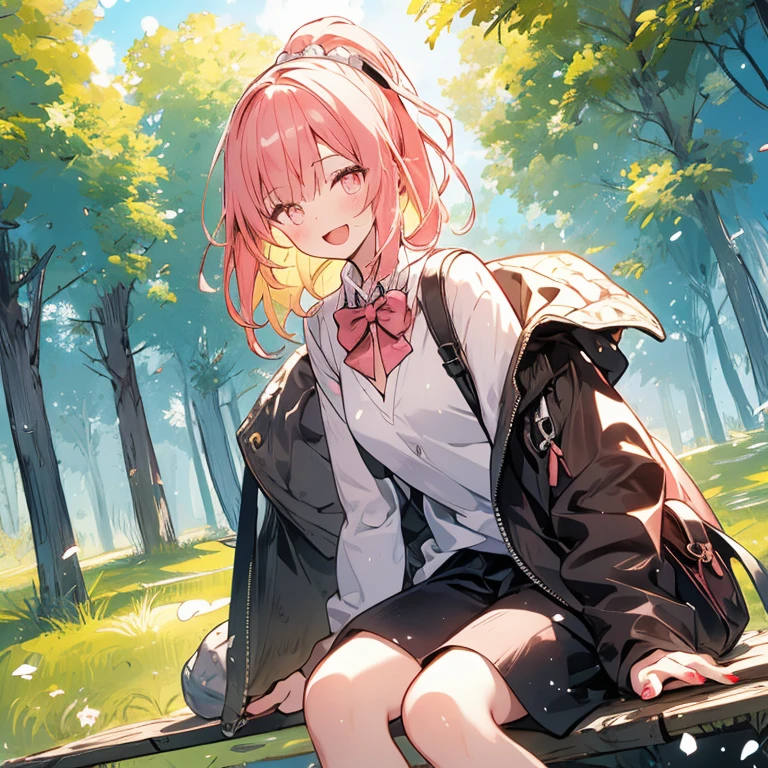 a girl,alone,long pink hair,Moderate,Smile,medium long hair,messy hair,White civilian dress, daytime,Digital punk, anime style 4k, Sitting on the sofa,outdoor,in the woodorest background,In the park,(((black pantyhose))),grid light shade、character-centered