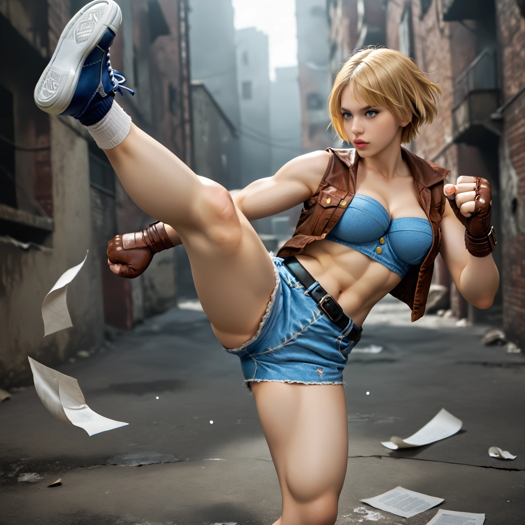 score_9, LuciaSFV, 1girl, short hair, blonde, big breasts, voluptuous and toned body, blue denim sports bra, brown vest, brown fingerless gloves, denim shorts, black belt, socks, blue sneakers, high kick, dynamic pose, cool pose, foreshortening, dynamic shot, alley of a modern city, abandoned location, several sheets of paper flying, day, photorealistic, high quality, detailed