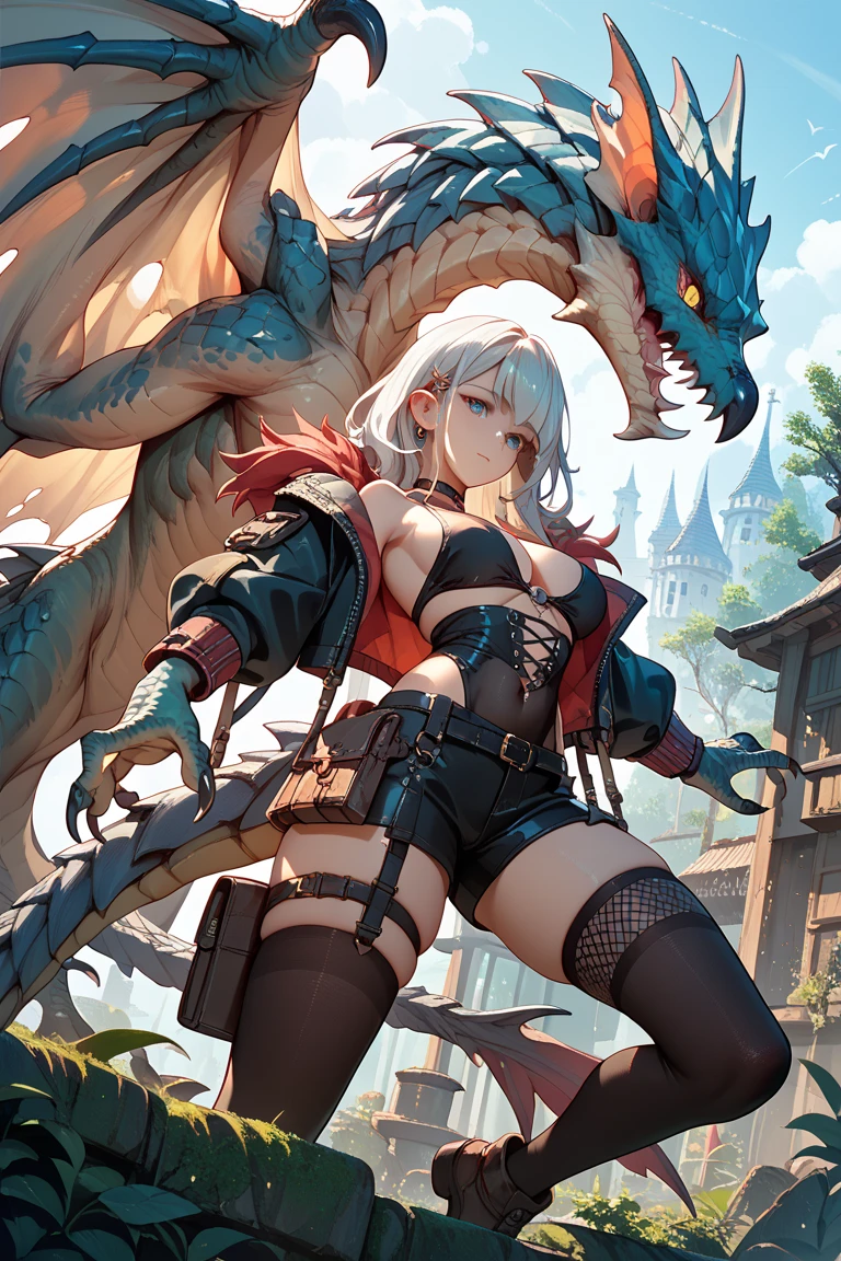 ((best quality)), ((masterpiece)), (detailed), 1 draconian-woman, 8k_wallpaper, extremely detailed eyes, (large masterpiece digital art), (intricate details:1.3 ), (ultra-detailed:1.3), (sharp focus:1.3), (natural lighting:1.05), (vivid colors:1.3), (best quality:1.4), high quality, expressive eyes, full body, detailed face, beautiful face, perfect face, ((hair sandy white curls)), dragon dark blue horns, (gold eyes), {{dark skin}}, ({dark skinned female}), big breasts, (huge chest), strong powerfully visible heavy muscles of the abdomen and thighs and legs, strong muscles of the arms, bold and decisive playful look of golden eyes, a predatory and vulgar smile with many fangs, she is wearing an open dark blue silk lush kimono with patterns of golden maple leaves, a white translucent cotton crop-top outlines of nipples under clothing, leather mini-shorts, lowered leather wide red belts on the waist with large yarn, a backpack with, (long large dragon dark blue tail), she walks along a path against the backdrop of a dense forest and the ruins of an old castle, sunny clear day, fantasy style character concept art,