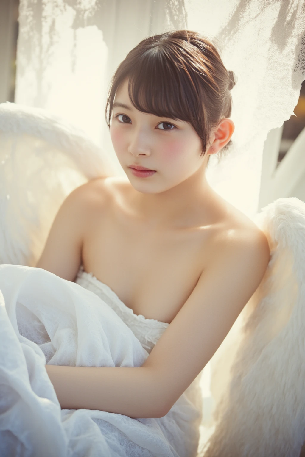 Front view of a naked beautiful angel:1.5 (NFSW)、(High resolution:1.5)、Highest quality,Very detailed,masterpiece,Super detailed,alone,(12 year old girl angel),,Angel is a beautiful girl、(Angel crown on head、White feathers on the back)、Seraphim, ((Angel is naked and has big breasts:1.5)), smile、(The breasts are very large)、((Male sex lying on his back on a big bed))、The bed is outdoors、Midsummer Sunshine、Sensual look、Beautiful Eyes、、(((straight-on: 1.5))) 、(((frontview)))、Pinching your with your arms