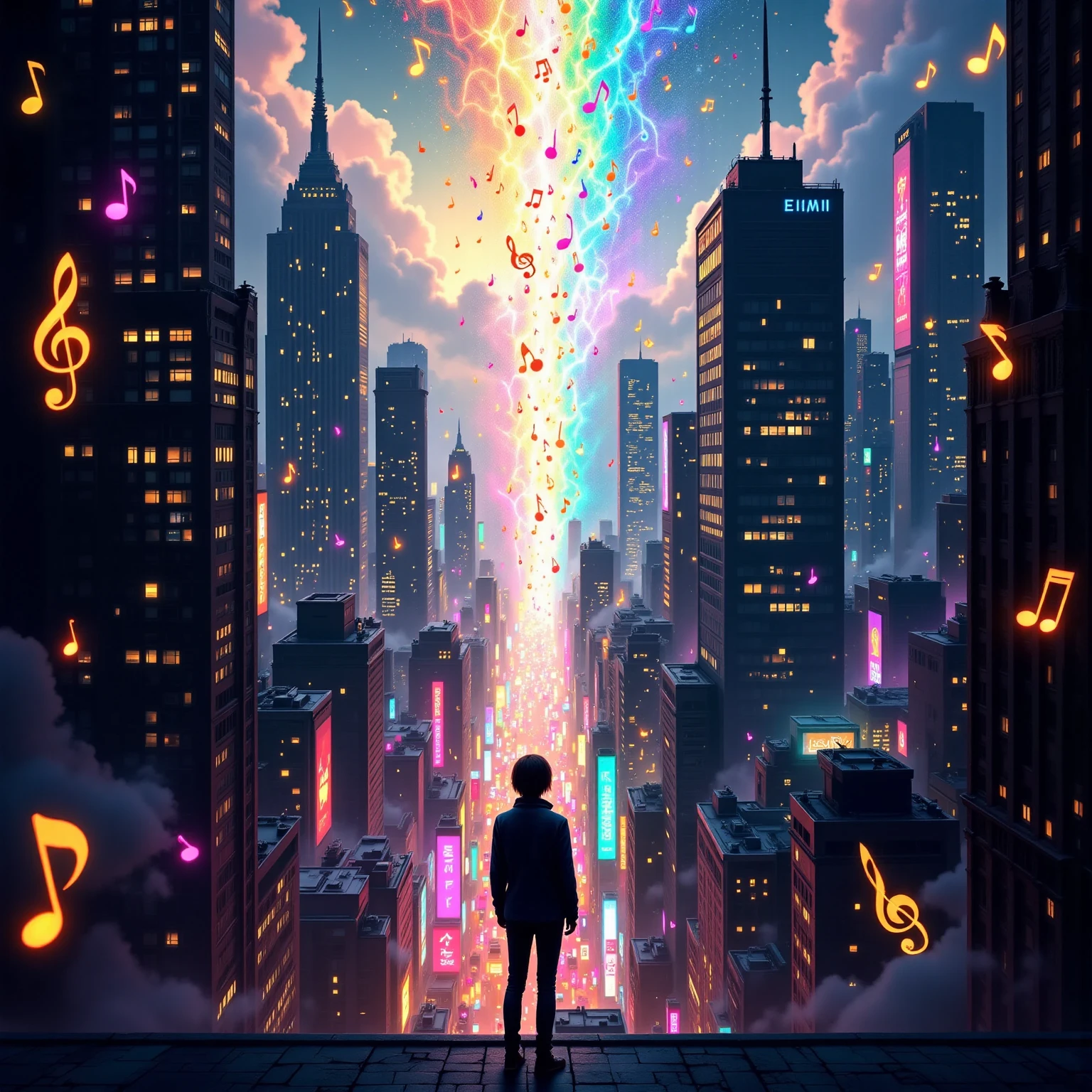 (Overlooking the city from the roof of a tall building, Visualized musical notes flood the city),(fantasy world ,colorful huge music note)