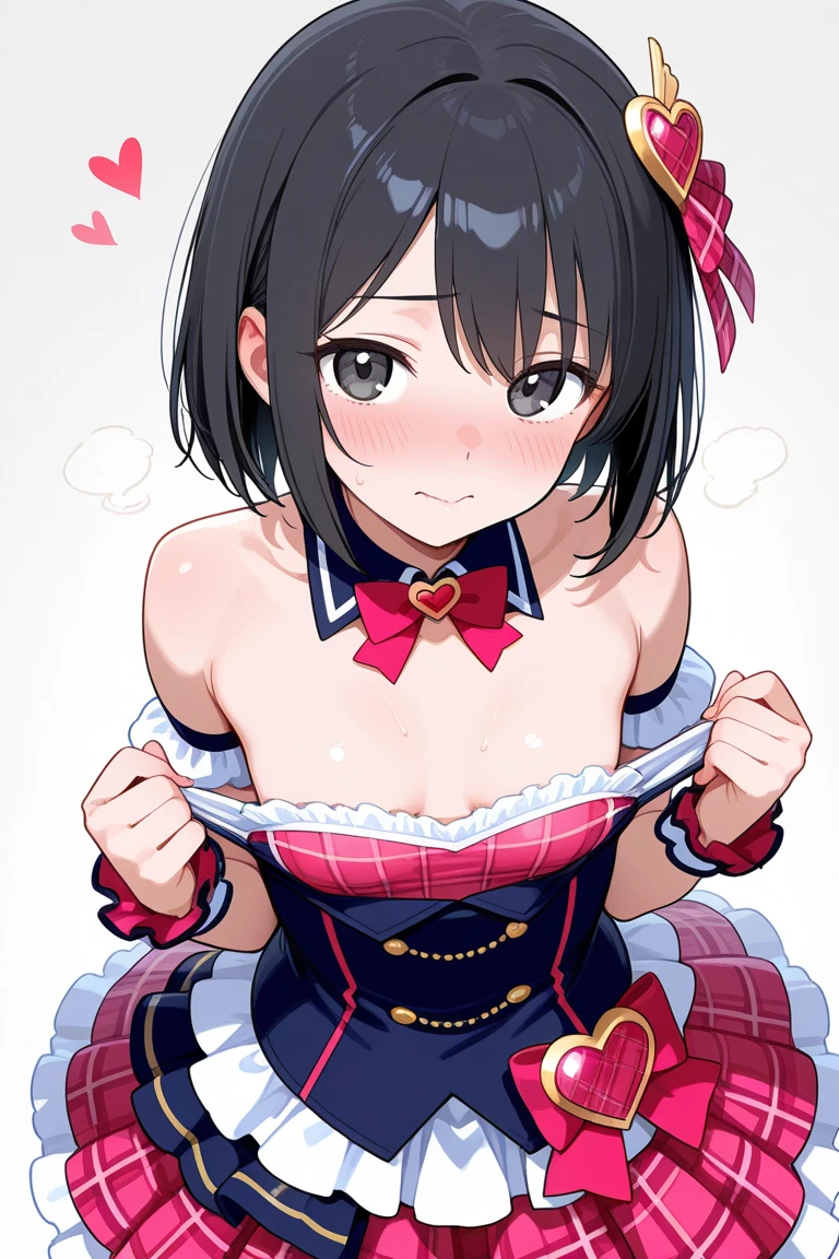 NSFWに,((1人の男性と1人の女性,パイズリをしている)), Paizuri squeeze,paizuri,breasts blowjob,breast in 1penis,smile with open mouth,small breasts,black hair,pink eyes,hair above one eye,tights, ((magical girl costume)), beret,ribbon,(masterpiece,Highest image quality,best quality)