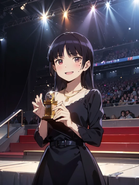 (Award-Winning Moment), (ruri gokou), blush, Long Hair, Black Hair, Mole, Mole under eye, 1 girl, (Award Ceremony), woman, Sunny, Luxury Dresses, Spotlight, applause, smile, necklace, gem, ((Gold Trophy)), (confetti), celebration, stage, Red carpet