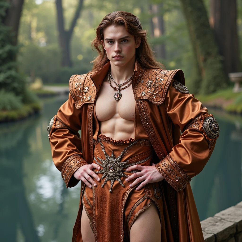 A god of the earth, a young man of the nature element at 18 years old, with long red hair that embodies youthful beauty and divine charm. He is to be described in a subjective and ethereal manner, his body adorned with wildflowers, wearing light and translucent garments that accentuate his form suggestively. He wears a revealing brown loincloth made of fabric, along with leather boots. His chest is suggestively exposed, legs revealed, with hair at the groin, embodying the element of earth. He stands in high resolution, displaying his entire body.