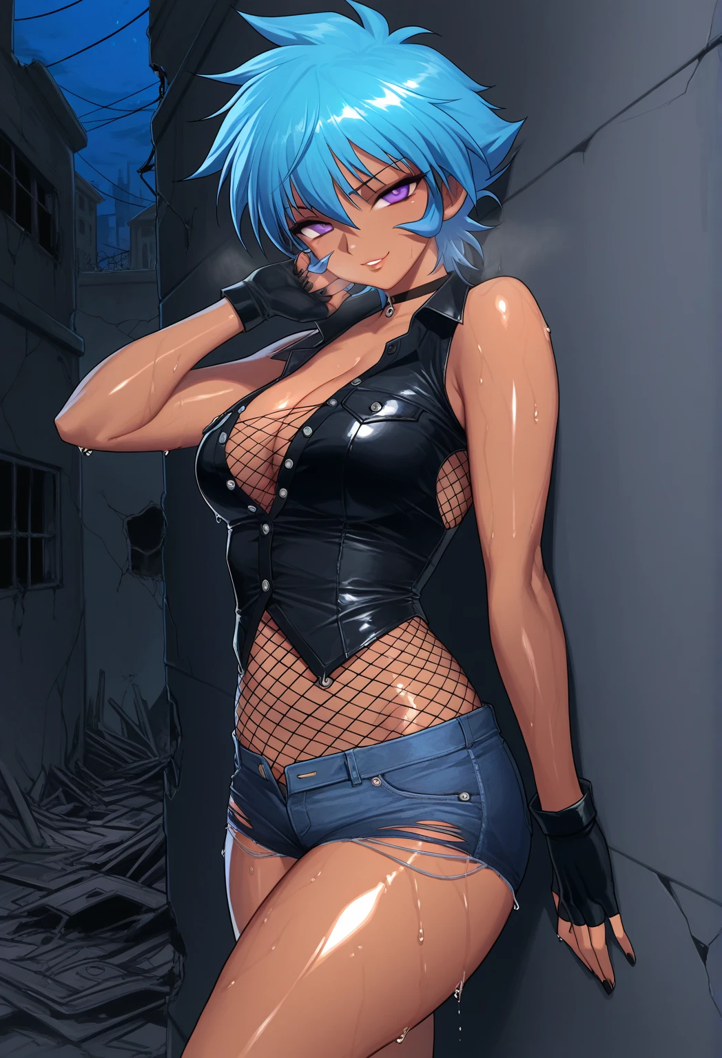 (masterpiece, best quality:1.2), extremely detailed, detailed hair, intricate details, finely detailed, [[soft lighting, volumetric lighting]], mature female, 1girl, solo, looking at viewer, close up ,upper body , hand up, sitting , muscular, muscular female, abs, navel, thick thighs, large breasts , (lace, lace trim, lace-trimmed legwear, lace-trimmed sleeves, ribbon, crop top, striped thighhighs, gloves) , (wavy hair, pixie cut , grey ,colored inner hair ),, smug , sweat,, , dark skin, lipstick, makeup with a foggy atmosphere in the background, twinkling fairy lights in a charming garden , <lora:shadV4LOL:1>