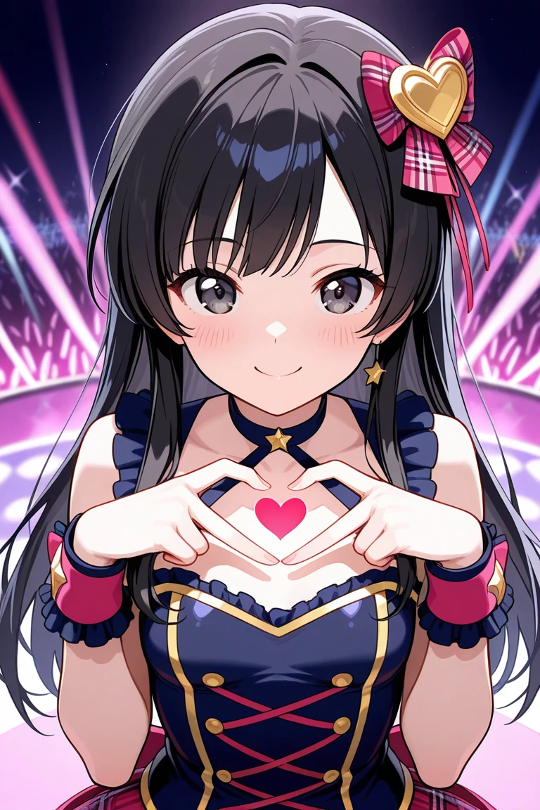 nsfw, 1girl, solo, looking at viewer, blush, smile, open mouth, bangs, black hair, gloves, dress, bow, jewelry, ponytail, :d, hair bow, heart, frills, belt, necklace, grey eyes, thigh strap, frilled dress, purple dress, heart hands, idol, stage, ((32k)), ((best quality)), ((ultra high res)), ((HDR)), ((UHD)), ((extremely detailed CG)), ((unity 32k wallpaper)), 