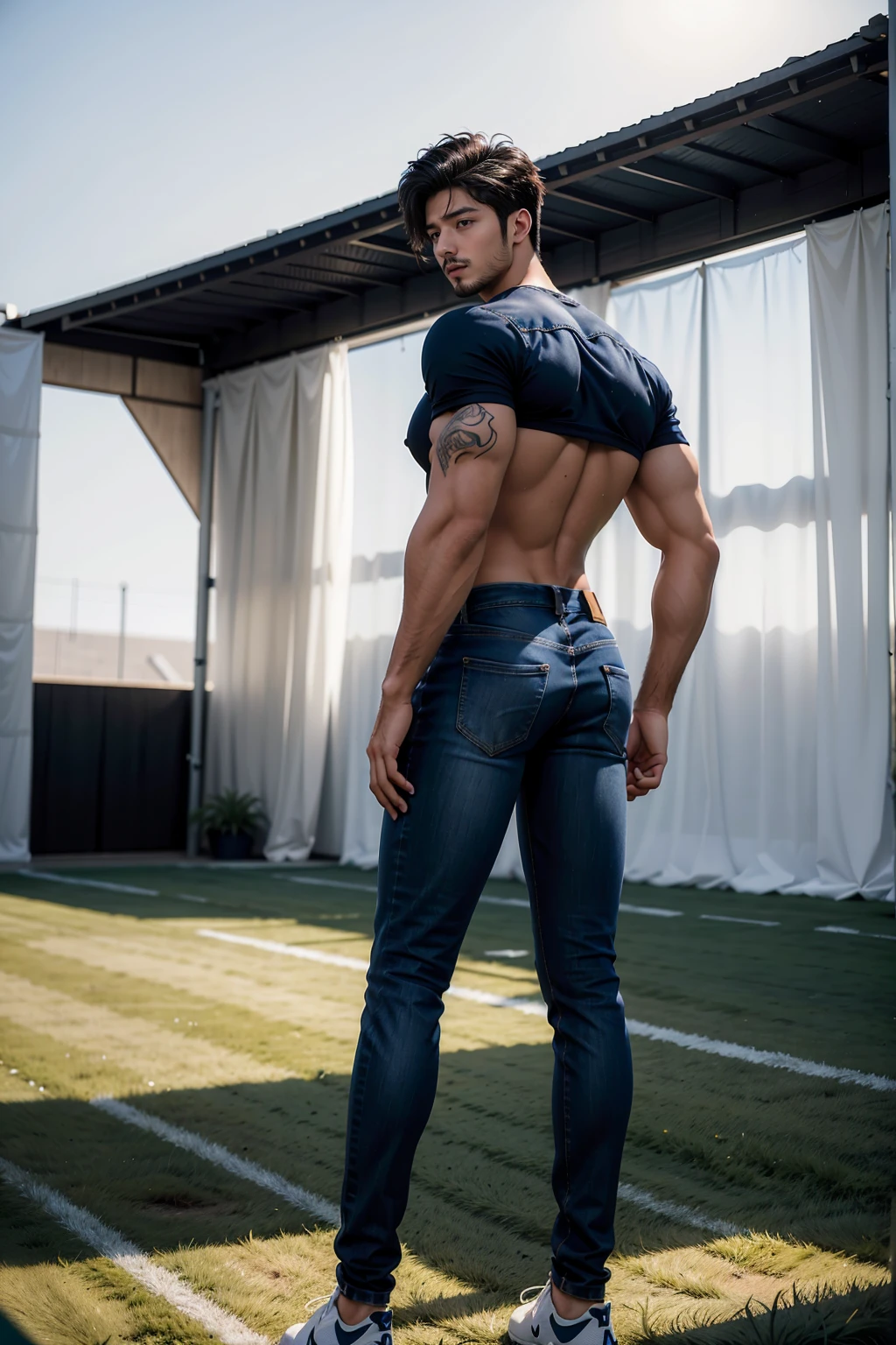 (((Muscular man))) masterpiece, best quality, high resolution, closeup portrait, male focus, solo focus, A man, 50 years old, grey hair, soccer player, football player, grey silver hair, messy hairstyle, cute and seductive face, bare chest, body hair, facial hair, roman nose, , hairy legs, cute, dimples, goatee and mustache, bold jawline , full body, sweaty, in the background an outdoor soccer football field, amazing composition, , HDR, ultra quality, elegant, highly detailed,, beautiful asd, realisric male genitalia (((Big muscles))) (((black jeans))) (((backside))) (((Big butt))) ((manly))