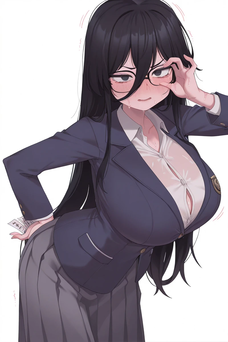 female with long brown curley hair, wearing white office shirt with buttons tight, wearing blue miniskirt, wearing thigh high socks, wearing glasses