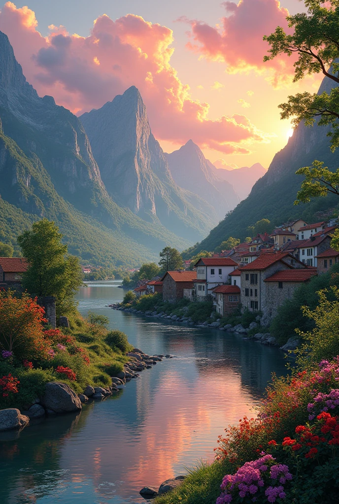 a small village by the river, mountains in the background, floral flowers colorful, detailed landscape, Beautiful natural landscapes, atmospheric lighting, scorching sunset, warm colours, practical, photopractical, Detailed Foliage, complex buildings, cobblestone street, Charming country house, swirly vibrant colors, lush vegetation, Still water reflections, Picturesque, idyllic, work of art, best qualityer, 8k, extremely detaild,anime styling