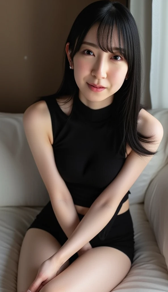Unbelievably beautiful japanese girl, junior high school, (slim, tiny, small, plain), (have a vaginal sex , Please insert penis into your pussy:1.3), neat and clean face, baby face:1.1, emotional happy smile face, A kind smile, short hair, 15 years old, (Best Quality, 8K, master piece :1.3), (gleaming skin, Shiny hair:1.4), master piece, Best Quality, (Ultra-detailed), black camisole