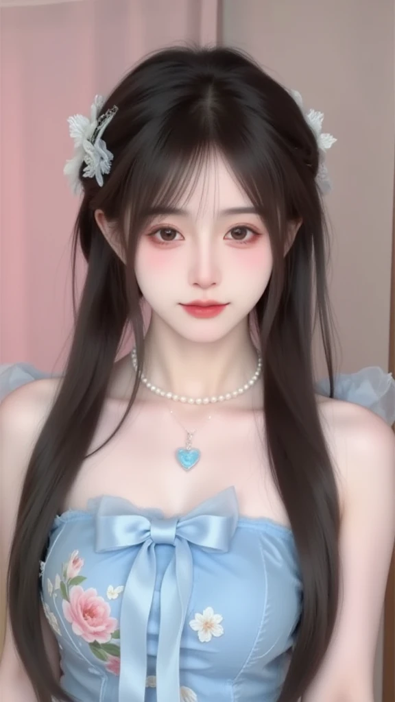 A young woman with a sweet face， The dark brown long hair is carefully braided into a side braid，The hair is soft and shiny， It presents a natural subsurface scattering effect under the light，Fully showing a transparent texture。A thin hairline is left on her forehead Air bangs，It modifies her delicate face。

She wears a white hair accessory，With a butterfly decoration made of tulle，Smart and dreamy。 The ears are wearing delicate flower-shaped earrings，The long pendant adds elegance。A pearl necklace around her neck， In the middle is a light blue heart-shaped gem，Complements the overall shape。

 with delicate makeup ，The brown eyes are bright and energetic，Long and curled eyelashes， Light pink eyeshadow adds a gentle feeling， Coral lip makeup looks sweet and charming。Delicate facial skin，The pore structure is clearly visible，Presents a natural texture。

 Wearing a light blue tube dress， The  is decorated with a large bow of the same color， The dress is embroidered with pink and white flower patterns，The fabric is soft，The woven texture is rich in details，The tulle material is light and elegant。

The characters are graceful ，Turn your head slightly，Looks at the camera with gentle eyes。 The background is a soft pink and brown gradient tone，Create a romantic and sweet atmosphere。using a professional camera style， 8k resolution， The picture is rich in detail，brightly colored and natural， Realistic lighting effects，High sharpness，Low noise，depth of field effect highlights the subject， convey a sweet and dreamy mood。