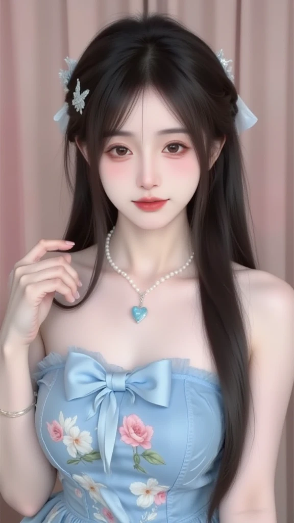 A young woman with a sweet face， The dark brown long hair is carefully braided into a side braid，The hair is soft and shiny， It presents a natural subsurface scattering effect under the light，Fully showing a transparent texture。A thin hairline is left on her forehead Air bangs，It modifies her delicate face。

She wears a white hair accessory，With a butterfly decoration made of tulle，Smart and dreamy。 The ears are wearing delicate flower-shaped earrings，The long pendant adds elegance。A pearl necklace around her neck， In the middle is a light blue heart-shaped gem，Complements the overall shape。

 with delicate makeup ，The brown eyes are bright and energetic，Long and curled eyelashes， Light pink eyeshadow adds a gentle feeling， Coral lip makeup looks sweet and charming。Delicate facial skin，The pore structure is clearly visible，Presents a natural texture。

 Wearing a light blue tube dress， The  is decorated with a large bow of the same color， The dress is embroidered with pink and white flower patterns，The fabric is soft，The woven texture is rich in details，The tulle material is light and elegant。

The characters are graceful ，Turn your head slightly，Looks at the camera with gentle eyes。 The background is a soft pink and brown gradient tone，Create a romantic and sweet atmosphere。using a professional camera style， 8k resolution， The picture is rich in detail，brightly colored and natural， Realistic lighting effects，High sharpness，Low noise，depth of field effect highlights the subject， convey a sweet and dreamy mood。