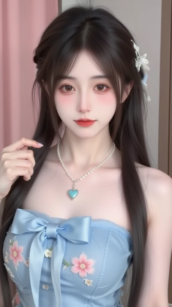 A young woman with a sweet face， The dark brown long hair is carefully braided into a side braid，The hair is soft and shiny， It presents a natural subsurface scattering effect under the light，Fully showing a transparent texture。A thin hairline is left on her forehead Air bangs，It modifies her delicate face。

She wears a white hair accessory，With a butterfly decoration made of tulle，Smart and dreamy。 The ears are wearing delicate flower-shaped earrings，The long pendant adds elegance。A pearl necklace around her neck， In the middle is a light blue heart-shaped gem，Complements the overall shape。

 with delicate makeup ，The brown eyes are bright and energetic，Long and curled eyelashes， Light pink eyeshadow adds a gentle feeling， Coral lip makeup looks sweet and charming。Delicate facial skin，The pore structure is clearly visible，Presents a natural texture。

 Wearing a light blue tube dress， The  is decorated with a large bow of the same color， The dress is embroidered with pink and white flower patterns，The fabric is soft，The woven texture is rich in details，The tulle material is light and elegant。

The characters are graceful ，Turn your head slightly，Looks at the camera with gentle eyes。 The background is a soft pink and brown gradient tone，Create a romantic and sweet atmosphere。using a professional camera style， 8k resolution， The picture is rich in detail，brightly colored and natural， Realistic lighting effects，High sharpness，Low noise，depth of field effect highlights the subject， convey a sweet and dreamy mood。