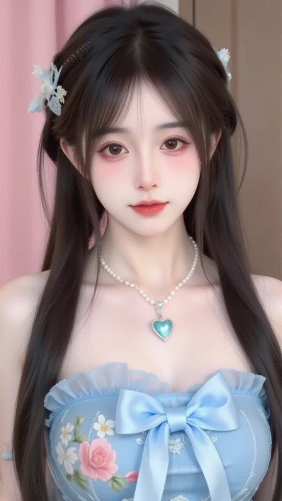 A young woman with a sweet face， The dark brown long hair is carefully braided into a side braid，The hair is soft and shiny， It presents a natural subsurface scattering effect under the light，Fully showing a transparent texture。A thin hairline is left on her forehead Air bangs，It modifies her delicate face。

She wears a white hair accessory，With a butterfly decoration made of tulle，Smart and dreamy。 The ears are wearing delicate flower-shaped earrings，The long pendant adds elegance。A pearl necklace around her neck， In the middle is a light blue heart-shaped gem，Complements the overall shape。

 with delicate makeup ，The brown eyes are bright and energetic，Long and curled eyelashes， Light pink eyeshadow adds a gentle feeling， Coral lip makeup looks sweet and charming。Delicate facial skin，The pore structure is clearly visible，Presents a natural texture。

 Wearing a light blue tube dress， The  is decorated with a large bow of the same color， The dress is embroidered with pink and white flower patterns，The fabric is soft，The woven texture is rich in details，The tulle material is light and elegant。

The characters are graceful ，Turn your head slightly，Looks at the camera with gentle eyes。 The background is a soft pink and brown gradient tone，Create a romantic and sweet atmosphere。using a professional camera style， 8k resolution， The picture is rich in detail，brightly colored and natural， Realistic lighting effects，High sharpness，Low noise，depth of field effect highlights the subject， convey a sweet and dreamy mood。