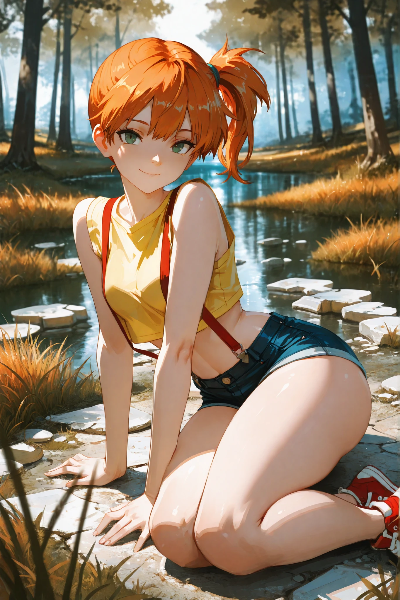 masterpiece, highly detailed, cinematic lighting, hyper-detailed face, intricate textures, stunning composition, perfect anatomy, soft shadows, depth of field, professional digital art, cinematic ambiance, sharp focus, clean and polished rendering), attractive body, small breasts, thick thighs, wide hips, big ass, smooth and radiant skin, soft yet firm body contours, sensual and confident presence,Mit, green eyes, orange hair, bangs, side ponytail, hair tie, short hair, yellow shirt, sleeveless, midriff, red suspenders, blue minishorts, red sneakers. A quiet lakeside with calm water, soft grass, scattered stones, and tall trees reflecting on the surface. sexy leaning on floor pose, sensual, provocative, playful smile