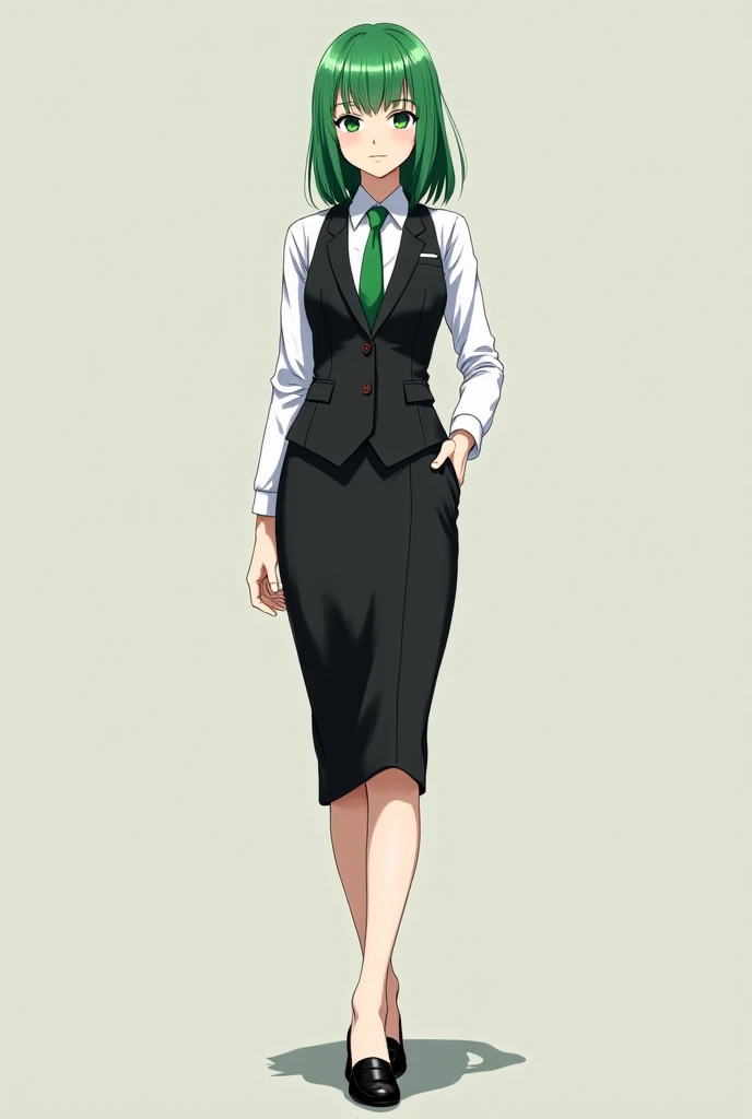 (high res, 8K, masterpiece, looking at viewer, best quality, very aesthetic, ultra detailed, ultra background, ultra Eyes) intricate details, 1girl, Tatsumaki, Wear white long sleeved shirt, long black pants, black loafers, green short hair, green eyes, smile face, Cheeks Flushed, Background campus hallway, Cinematic Angle