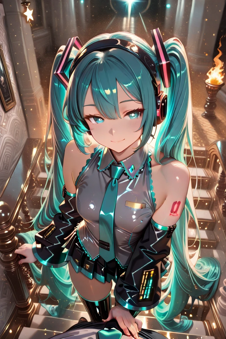 (oil, masterpiece, highest quality, Super detailed, Focus on the characters), Hatsune Miku，Headphones，Detailed facial expression depiction，Detailed hair depiction,([return:0.8]|[ face facing returnwards:1.1]), Super big breasts,sling bikini([Night starry sky scenario:1.2]|[ ground:1.3]| [High Contrast:1.1])  