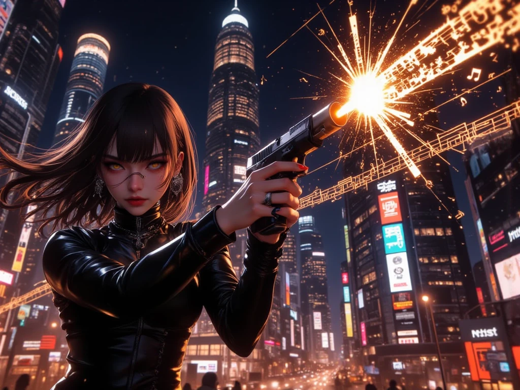 uma mulher linda de cabelos claros, em cima de uma moto cyberpunk, usando roupa cyberpunk, elementos tecnologicos, face de sensualidade, olhos vermelhos, posando pra foto, ultrarealista, ambiente com pouca luz e tochas de fogo em volta com mostros ao fundo da imagem em paisagem distante