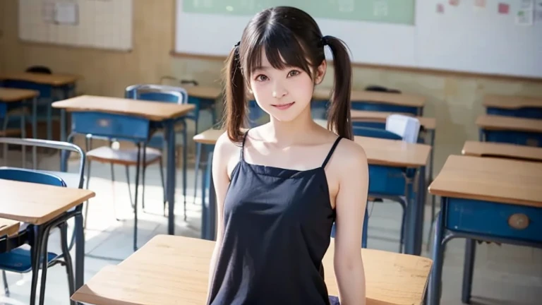 ((Browsing Caution))、((Browsing Caution))、sitting in the middle of the classroom、Spread your legs wide、(((Camel Toe)))、cute、high school girl、Baby Face、((White tank top))、 ((No bra))、((Navy Blue Bloomer))、((Very tight little bloomer panties))、Unbalanced underwear、Small underwear、Big and voluptuous breasts、Pulling on bra straps、thin、big breasts and small waist、((Twin tails))、Ezvian Everywhere、highest quality、8k、No makeup、masterpiece、Ultra-high resolution、Realistic、smile、Dimples、Shooting from below