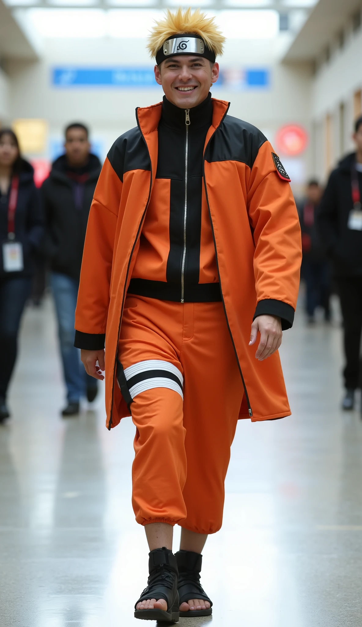 character: 1 man like Naruto Uzumaki. They Looks Europe face.
action: Walk straight and look straight ahead.
Expression : smiling.
Background : A bright indoor public space , with people vaguely seen in the distance, shows that this picture was taken at a fun event or get-together, maybe a convention or costume . He radiate happiness as they walk confidently in he cosplay costumes. Show the whole body.