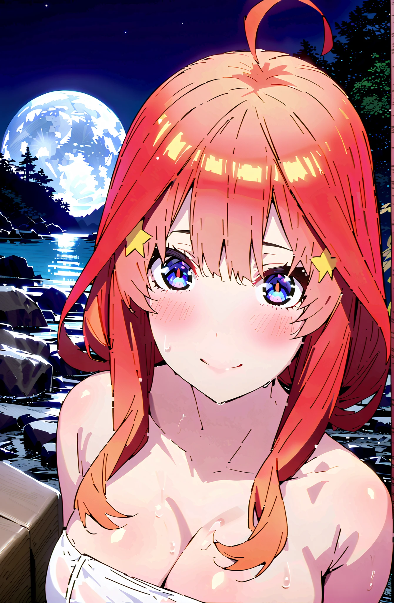 中野美moon,stupid hair,side lock,Nape,single bun hair,blue eyes, red hair,Big Breasts,cleavage,partially sunk, naked towel, exposes shoulders,wet hair,wet skin,wet towel,rock,snow,smile,blush,mouth,narrows her eyes,Wave,fence,night,moon,Hot Springsの中に座っている,in their 40s looking at viewer,全身
in their 40s outdoors,Hot Springs,
in their 40s (masterpiece:1.2), best quality, high resolution, Unity 8Kの壁紙, ( illustration :0.8), (beautiful detailed eyes:1.6), very detailed face, perfect lighting, very detailed CG, (perfect hand in h, perfect anatomy),