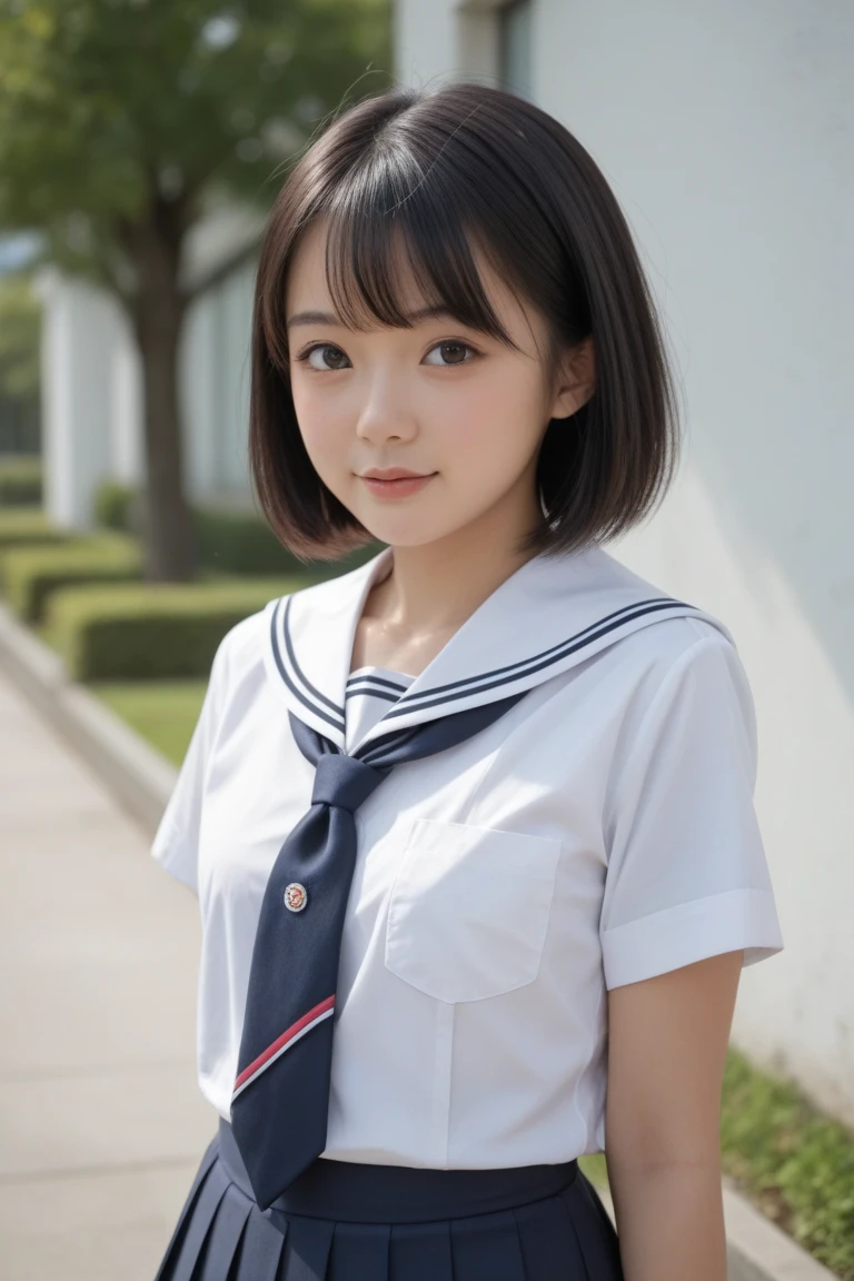 table top, highest quality, 8K, 16 years old, Ten generations, RAW photo, absurd, award-winning portraits, smile, smile, alone, daytime, idol face, violaces, delicate girl, Upper body, Digital single-lens reflex camera, looking at the viewer, Frank, Sophisticated, zora々right, thin arms, professional lighting, film grain, chromatic aberration, (Eye and face details:1.0), (Bokeh:1.1), (hyper pretty face:1.2)、(beautiful face:1.2), beautiful woman、Japan High School Girl Traditional Uniform、(white short sleeve sailor uniform:1.2), black haired、Middle straight hair、bangs、(Japanese)、short hair、