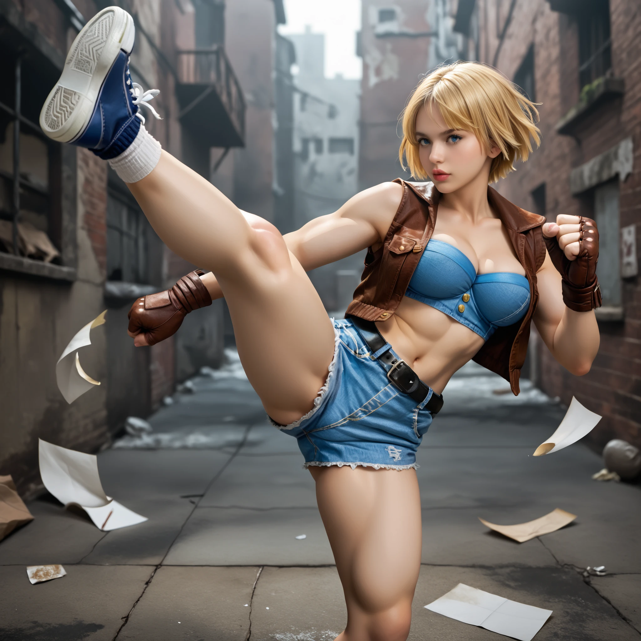score_9, LuciaSFV, 1girl, short hair, blonde, big breasts, voluptuous and toned body, blue denim sports bra, brown vest, brown fingerless gloves, denim shorts, black belt, socks, blue sneakers, high kick, dynamic pose, cool pose, foreshortening, dynamic shot, alley of a modern city, abandoned location, several sheets of paper flying, day, photorealistic, high quality, detailed