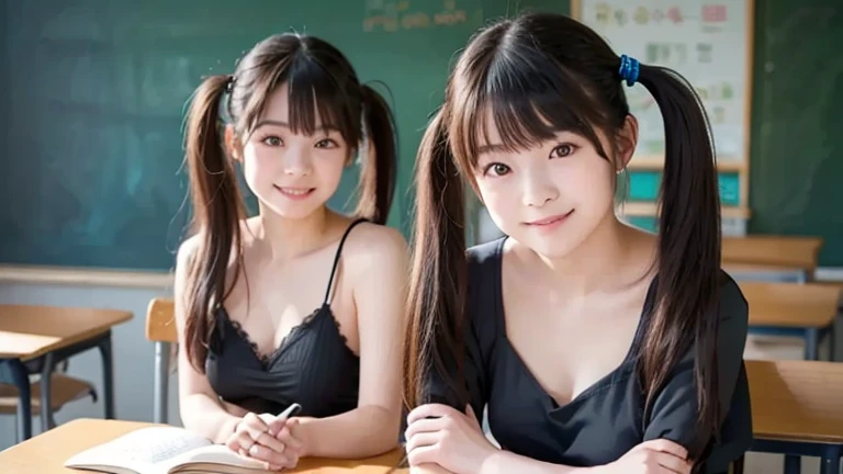 cute, 2 girls, elementary school students, black hair, twin tails, naked, medium bust, smile, blush, shiny skin