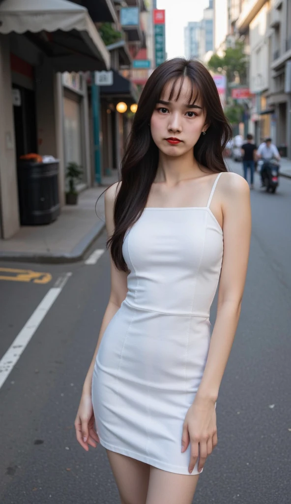 1 Girl,stairs,Soft Light,Chinese Beauty,Tight Fit,dress,,Dark-haired,long hair