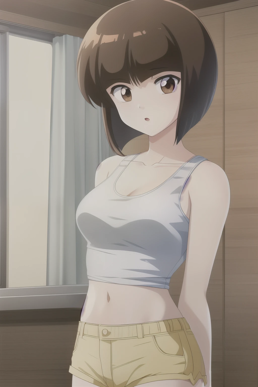 (masterpiece), (best quality), (highly detailed), (high resolution), (extremely detailed CG), (4K), (8K), (Tendou nabiki ), 1girl, (short_hair), blunt bangs, brown hair, brown eye, skinny body, medium breasts, (white tank top), (dolphin shorts), indoor
