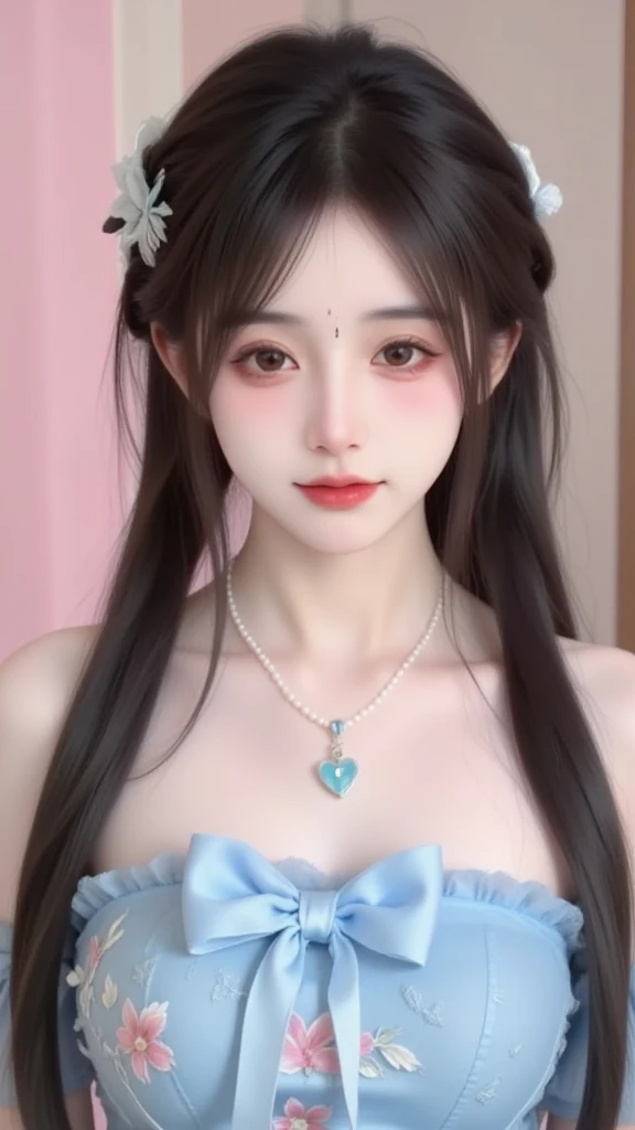 A young woman with a sweet face， The dark brown long hair is carefully braided into a side braid，The hair is soft and shiny， It presents a natural subsurface scattering effect under the light，Fully showing a transparent texture。A thin hairline is left on her forehead Air bangs，It modifies her delicate face。

She wears a white hair accessory，With a butterfly decoration made of tulle，Smart and dreamy。 The ears are wearing delicate flower-shaped earrings，The long pendant adds elegance。A pearl necklace around her neck， In the middle is a light blue heart-shaped gem，Complements the overall shape。

 with delicate makeup ，The brown eyes are bright and energetic，Long and curled eyelashes， Light pink eyeshadow adds a gentle feeling， Coral lip makeup looks sweet and charming。Delicate facial skin，The pore structure is clearly visible，Presents a natural texture。

 Wearing a light blue tube dress， The  is decorated with a large bow of the same color， The dress is embroidered with pink and white flower patterns，The fabric is soft，The woven texture is rich in details，The tulle material is light and elegant。

The characters are graceful ，Turn your head slightly，Looks at the camera with gentle eyes。 The background is a soft pink and brown gradient tone，Create a romantic and sweet atmosphere。using a professional camera style， 8k resolution， The picture is rich in detail，brightly colored and natural， Realistic lighting effects，High sharpness，Low noise，depth of field effect highlights the subject， convey a sweet and dreamy mood。