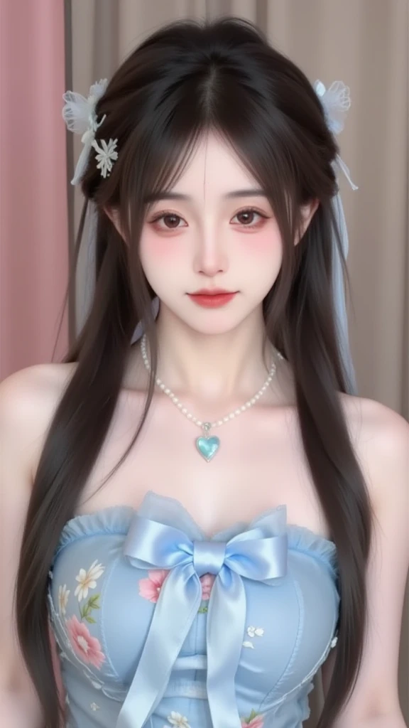 A young woman with a sweet face， The dark brown long hair is carefully braided into a side braid，The hair is soft and shiny， It presents a natural subsurface scattering effect under the light，Fully showing a transparent texture。A thin hairline is left on her forehead Air bangs，It modifies her delicate face。

She wears a white hair accessory，With a butterfly decoration made of tulle，Smart and dreamy。 The ears are wearing delicate flower-shaped earrings，The long pendant adds elegance。A pearl necklace around her neck， In the middle is a light blue heart-shaped gem，Complements the overall shape。

 with delicate makeup ，The brown eyes are bright and energetic，Long and curled eyelashes， Light pink eyeshadow adds a gentle feeling， Coral lip makeup looks sweet and charming。Delicate facial skin，The pore structure is clearly visible，Presents a natural texture。

 Wearing a light blue tube dress， The  is decorated with a large bow of the same color， The dress is embroidered with pink and white flower patterns，The fabric is soft，The woven texture is rich in details，The tulle material is light and elegant。

The characters are graceful ，Turn your head slightly，Looks at the camera with gentle eyes。 The background is a soft pink and brown gradient tone，Create a romantic and sweet atmosphere。using a professional camera style， 8k resolution， The picture is rich in detail，brightly colored and natural， Realistic lighting effects，High sharpness，Low noise，depth of field effect highlights the subject， convey a sweet and dreamy mood。