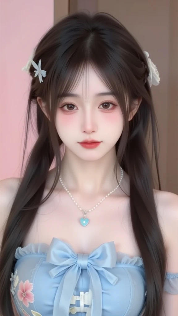 A young woman with a sweet face， The dark brown long hair is carefully braided into a side braid，The hair is soft and shiny， It presents a natural subsurface scattering effect under the light，Fully showing a transparent texture。A thin hairline is left on her forehead Air bangs，It modifies her delicate face。

She wears a white hair accessory，With a butterfly decoration made of tulle，Smart and dreamy。 The ears are wearing delicate flower-shaped earrings，The long pendant adds elegance。A pearl necklace around her neck， In the middle is a light blue heart-shaped gem，Complements the overall shape。

 with delicate makeup ，The brown eyes are bright and energetic，Long and curled eyelashes， Light pink eyeshadow adds a gentle feeling， Coral lip makeup looks sweet and charming。Delicate facial skin，The pore structure is clearly visible，Presents a natural texture。

 Wearing a light blue tube dress， The  is decorated with a large bow of the same color， The dress is embroidered with pink and white flower patterns，The fabric is soft，The woven texture is rich in details，The tulle material is light and elegant。

The characters are graceful ，Turn your head slightly，Looks at the camera with gentle eyes。 The background is a soft pink and brown gradient tone，Create a romantic and sweet atmosphere。using a professional camera style， 8k resolution， The picture is rich in detail，brightly colored and natural， Realistic lighting effects，High sharpness，Low noise，depth of field effect highlights the subject， convey a sweet and dreamy mood。