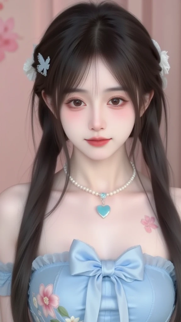 A young woman with a sweet face， The dark brown long hair is carefully braided into a side braid，The hair is soft and shiny， It presents a natural subsurface scattering effect under the light，Fully showing a transparent texture。A thin hairline is left on her forehead Air bangs，It modifies her delicate face。

She wears a white hair accessory，With a butterfly decoration made of tulle，Smart and dreamy。 The ears are wearing delicate flower-shaped earrings，The long pendant adds elegance。A pearl necklace around her neck， In the middle is a light blue heart-shaped gem，Complements the overall shape。

 with delicate makeup ，The brown eyes are bright and energetic，Long and curled eyelashes， Light pink eyeshadow adds a gentle feeling， Coral lip makeup looks sweet and charming。Delicate facial skin，The pore structure is clearly visible，Presents a natural texture。

 Wearing a light blue tube dress， The  is decorated with a large bow of the same color， The dress is embroidered with pink and white flower patterns，The fabric is soft，The woven texture is rich in details，The tulle material is light and elegant。

The characters are graceful ，Turn your head slightly，Looks at the camera with gentle eyes。 The background is a soft pink and brown gradient tone，Create a romantic and sweet atmosphere。using a professional camera style， 8k resolution， The picture is rich in detail，brightly colored and natural， Realistic lighting effects，High sharpness，Low noise，depth of field effect highlights the subject， convey a sweet and dreamy mood。