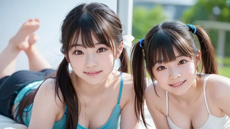 top-quality、masterpiece、8K、life-like、Cute 20s girl(A dark-haired、poneyTail、rather large breasts)、Lying by the pool、、A smile、Cute swimsuit、Gravure photography、