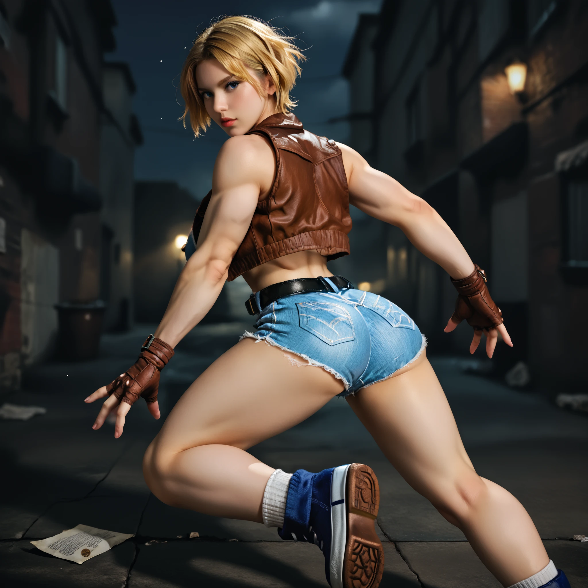 score_9, LuciaSFV, 1girl, short hair, blonde, big breasts, voluptuous and toned body, blue denim sports bra, brown vest, brown fingerless gloves, denim shorts, black belt, socks, blue sneakers, back, sexy pose, dynamic pose, cool pose, foreshortening, dynamic shot, alley of a modern city, abandoned location, several sheets of paper flying, night, photorealistic, high quality, detailed