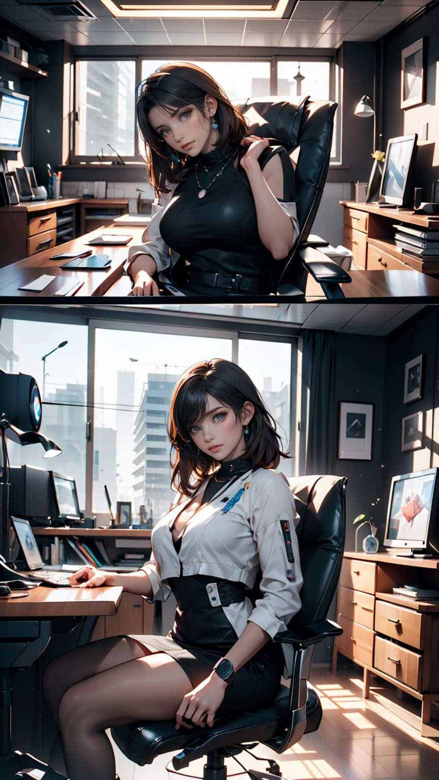 nsfw, 8k, best quality, highres, realistic, real person, A gamer's room illuminated by cool neon lights, featuring a twin-tailed, glasses-wearing otaku girl engaged in video streaming or gaming. The room is filled with various gaming paraphernalia, such as multiple monitors, gaming keyboard, and headphones. The neon lights cast colorful glows on the walls and the girl, highlighting her twin-tailed hairstyle and glasses. The girl is focused on her screen, immersed in her gaming world, surrounded by a vibrant and lively gaming atmosphere, Big breasts, cleavage, beautiful legs, long legs, gorgeous magic wand