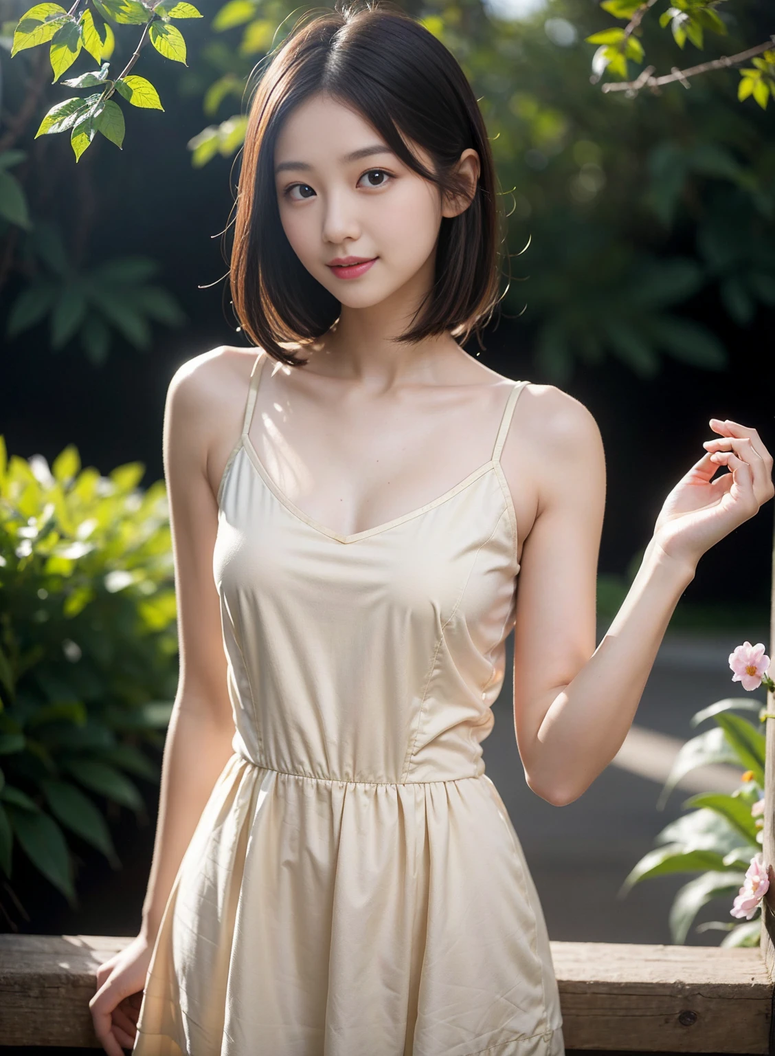 (masterpiece:1.2, best quality), HDR, intricate detail, 1girl, solo, Person Focus,
body from front,
(bobbed hair),
light smile,
(Brown Simple Dress),
with one's hands behind one's back,
(Forest background),