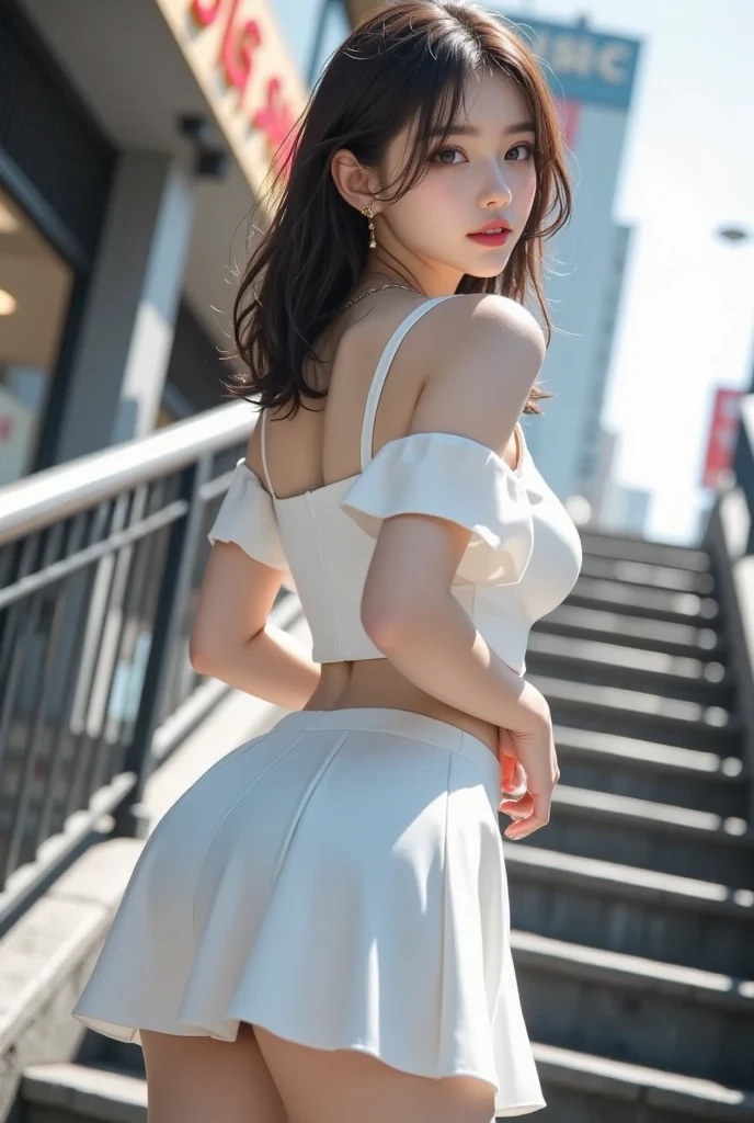 (((Wind lift)))、((A gust of wind from underground blows her skirt up)), ((I can see her panties)), ((I hastily put my hands in front of Scar)), blush, Highly detailed skin, masterpiece:1.4, Realistic, Highest quality, Beautiful lighting, Complex, Attention to detail, Sharp focus, (Student sailor suit), (RAW Photos, 8K Ultra HD, Film Grain), {alone}, 美しいAttention to detail目, Cute face、Realistic Skin、Shooting from behind