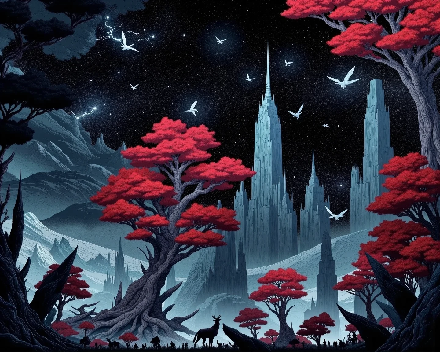 The planet、tree々floating in mysterious outer space has beautiful red leaves and creates a mysterious landscape、 mountains in the distance 々floating in mysterious outer space look hazy and blurry in the atmosphere, and beautiful red leaves grow on、bright blue lightning runs through the sky where countless birds fly around。A fantastic and disturbing atmosphere、Great storytelling、Surrealism、Sci-fi fantasy、Dark Fantasy、Digital Artwork、intricate and detailed、Majestic and dynamic composition、 Fascinating Artwork 、Highest Quality、high image quality、masterpiece:1.2、high precision、absurd