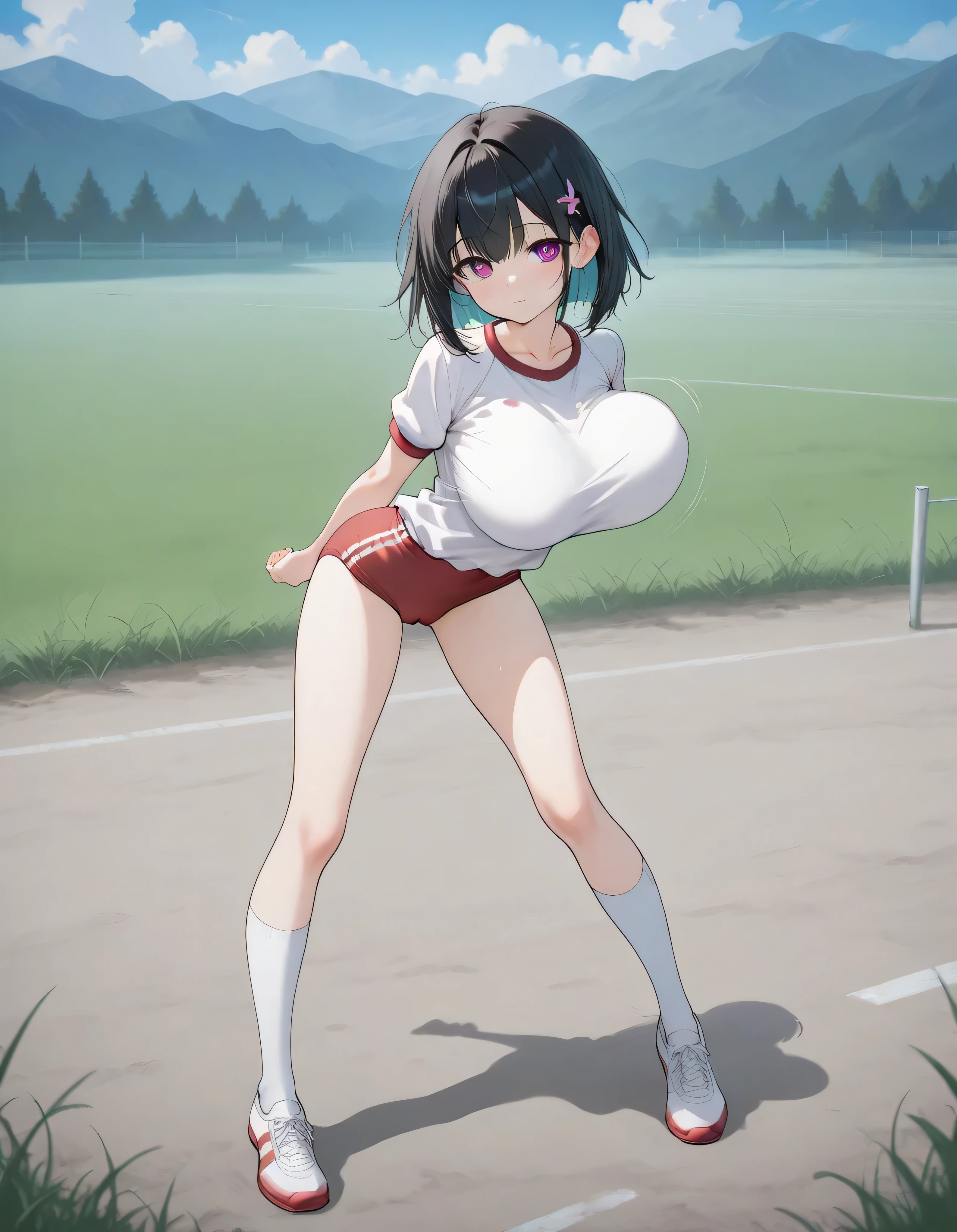 (score_9), anime style, very small female, longlegs_v0.22_pony, BREAK, solo, 1 skinny girl, BREAK, white gym uniform over hip, tight-fit short black brm, collarbone, BREAK, disproportionately huge breasts, bouncing unaligned breasts, arched back, arms behind back, too short torso, too short waist, too narrow waist, cameltoe, spread legs, skinny long legs, tiptoe, looking at viewer, BREAK, landscape, school yard