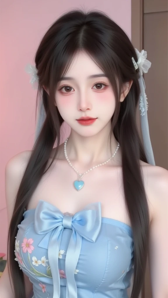 A young woman with a sweet face， The dark brown long hair is carefully braided into a side braid，The hair is soft and shiny， It presents a natural subsurface scattering effect under the light，Fully showing a transparent texture。A thin hairline is left on her forehead Air bangs，It modifies her delicate face。

She wears a white hair accessory，With a butterfly decoration made of tulle，Smart and dreamy。 The ears are wearing delicate flower-shaped earrings，The long pendant adds elegance。A pearl necklace around her neck， In the middle is a light blue heart-shaped gem，Complements the overall shape。

 with delicate makeup ，The brown eyes are bright and energetic，Long and curled eyelashes， Light pink eyeshadow adds a gentle feeling， Coral lip makeup looks sweet and charming。Delicate facial skin，The pore structure is clearly visible，Presents a natural texture。

 Wearing a light blue tube dress， The  is decorated with a large bow of the same color， The dress is embroidered with pink and white flower patterns，The fabric is soft，The woven texture is rich in details，The tulle material is light and elegant。

The characters are graceful ，Turn your head slightly，Looks at the camera with gentle eyes。 The background is a soft pink and brown gradient tone，Create a romantic and sweet atmosphere。using a professional camera style， 8k resolution， The picture is rich in detail，brightly colored and natural， Realistic lighting effects，High sharpness，Low noise，depth of field effect highlights the subject， convey a sweet and dreamy mood。